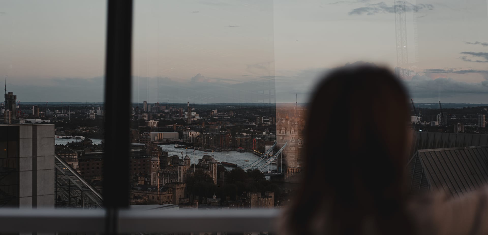 Person looking out over a city at dusk