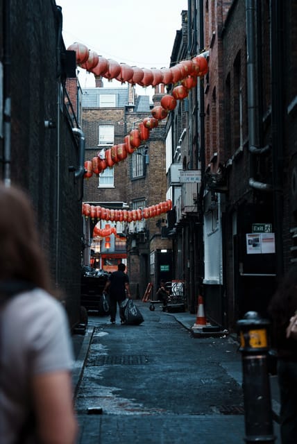 Chinatown alley strung with red lanterns