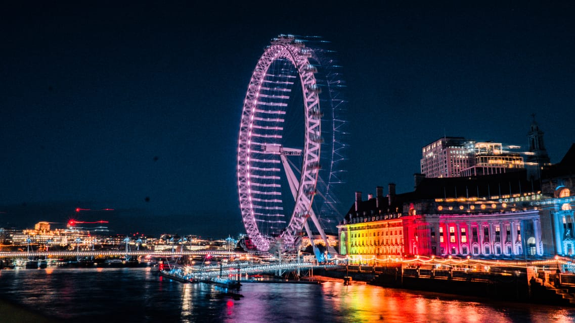 London Eye and County Hall lit up at night across the Thames