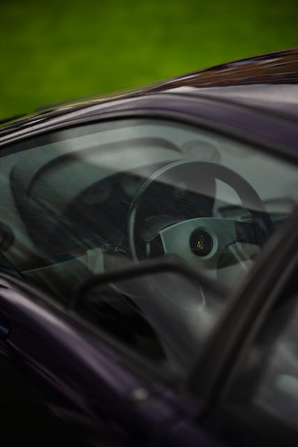 Steering wheel seen through glass with a grass reflection